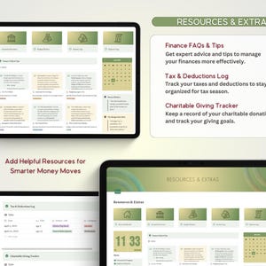 May include: A digital planner with a green and white color scheme. The planner includes sections for budgeting, finances, taxes, and charitable giving. The text "Add Helpful Resources for Smarter Money Moves" is displayed at the bottom of the screen.