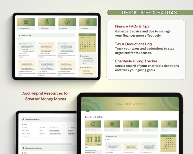 May include: A digital planner with a green and white color scheme. The planner includes sections for budgeting, finances, taxes, and charitable giving. The text "Add Helpful Resources for Smarter Money Moves" is displayed at the bottom of the screen.