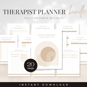 Peut inclure: Ensemble de 20 pages de modèles de planificateur de thérapeute, entièrement modifiables dans Canva. Les pages comprennent des notes quotidiennes, les contacts des parents, un aperçu de la thérapie, des codes de psychothérapie, un mot de passe, la planification des objectifs et des pages de calendrier hebdomadaire. Le design présente une palette de couleurs neutres.