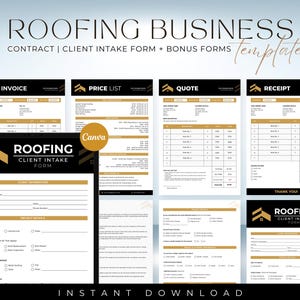 May include: A digital template set for a roofing business, featuring forms for invoices, price lists, quotes, receipts, and client intake. The design is black and gold, with the words "Roofing Business" and "Instant Download" visible.