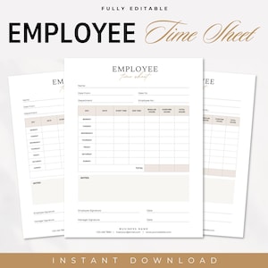 Employee Time Sheet, Editable Time Sheet, Timecard, Printable Timesheet, Timekeeping Sheet, Weekly Timesheet, Work Hours, Company Accounting