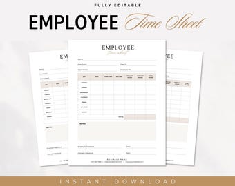 May include: Editable employee time sheet template with sections for name, date, department, start time, end time, regular hours, overtime hours, total hours, notes, and signatures. The template has a modern, minimalist design with a beige background.