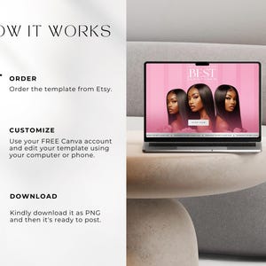 May include: A laptop displays a website with three women with long, dark hair against a pink background. The screen reads "BEST" and "SHOP NOW." Text on the left side of the image reads "HOW IT WORKS," with instructions to order, customize, and download a template.
