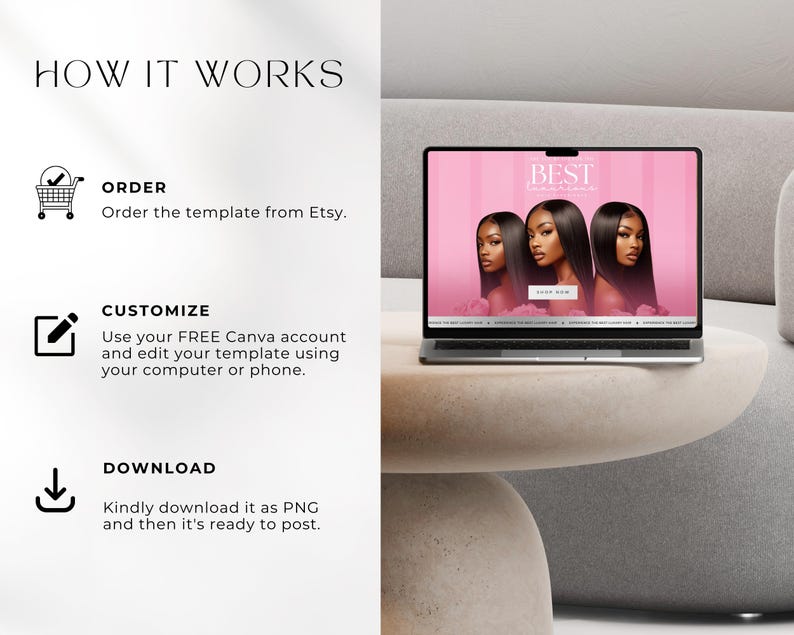 May include: A laptop displays a website with three women with long, dark hair against a pink background. The screen reads "BEST" and "SHOP NOW." Text on the left side of the image reads "HOW IT WORKS," with instructions to order, customize, and download a template.
