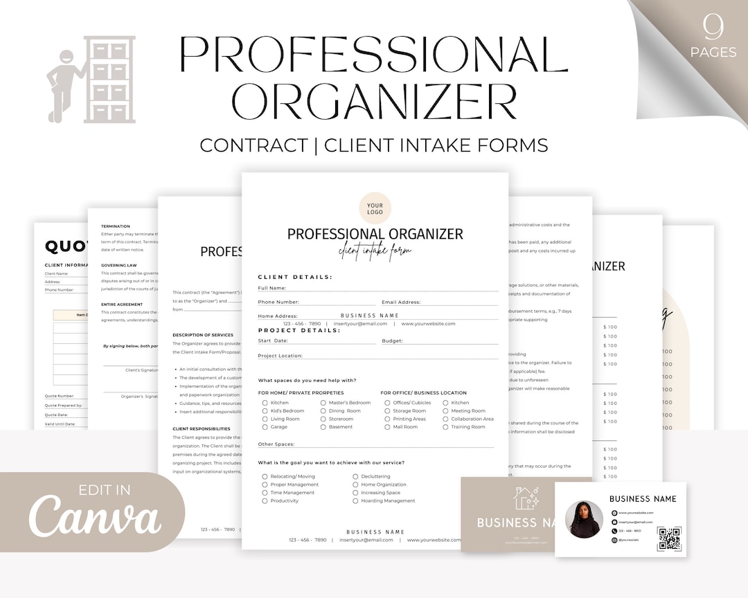 Editable Professional Organizer Contract Template, Client Intake Form