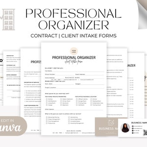 Modèle de contrat d'organisateur professionnel modifiable, Formulaire de réception des clients, Contrat de service d'organisation, Modèle de facture, Canva modifiable