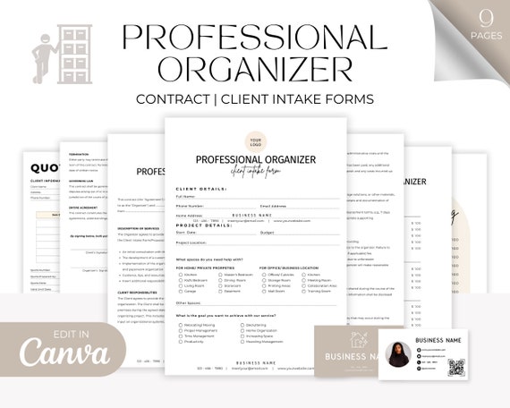 Editable Professional Organizer Contract Template, Client Intake Form, Organizing Service Agreement, Invoice Template, Canva editable