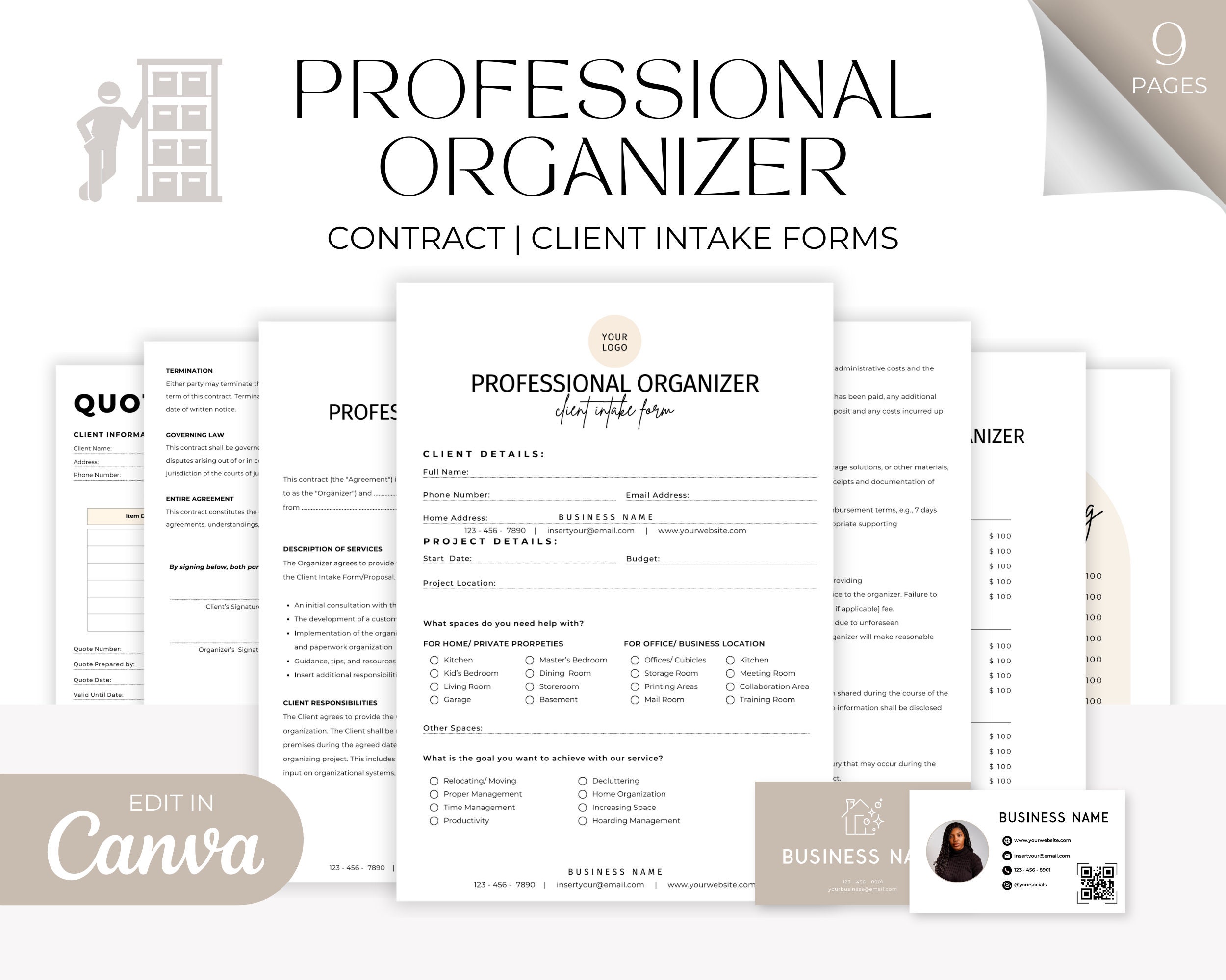 Editable Professional Organizer Contract Template, Client Intake Form