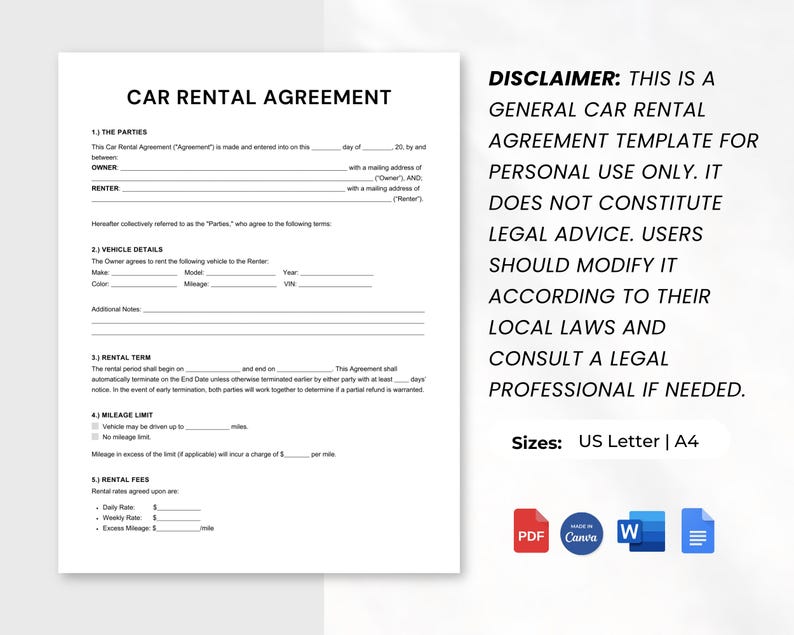 Car Rental Agreement Template, Form Templates, Car for Rent Agreement ...