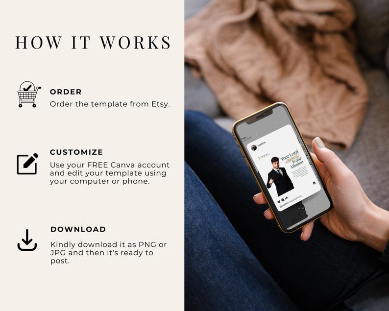 May include: Image showing a smartphone displaying a social media template with the text "Your Legal Mission". The image also includes instructions: Order from Etsy, Customize with Canva, and Download as PNG or JPG.