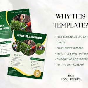 K&ouml;nnte beinhalten: Gr&uuml;ne und gelbe Flyer-Vorlage f&uuml;r Rasen- und Landschaftspflege-Dienstleistungen. Der Flyer zeigt ein Foto einer Person, die einen Rasenm&auml;her benutzt, und Text, der "Lawn & Landscaping", "Professional Landscaping & Lawn Services", "Residential & Commercial", "Our Services", "Why Us?", "Contact Us" und "30% Off" lautet. Der Flyer ist 8,5 x 11 Zoll gro&szlig;.