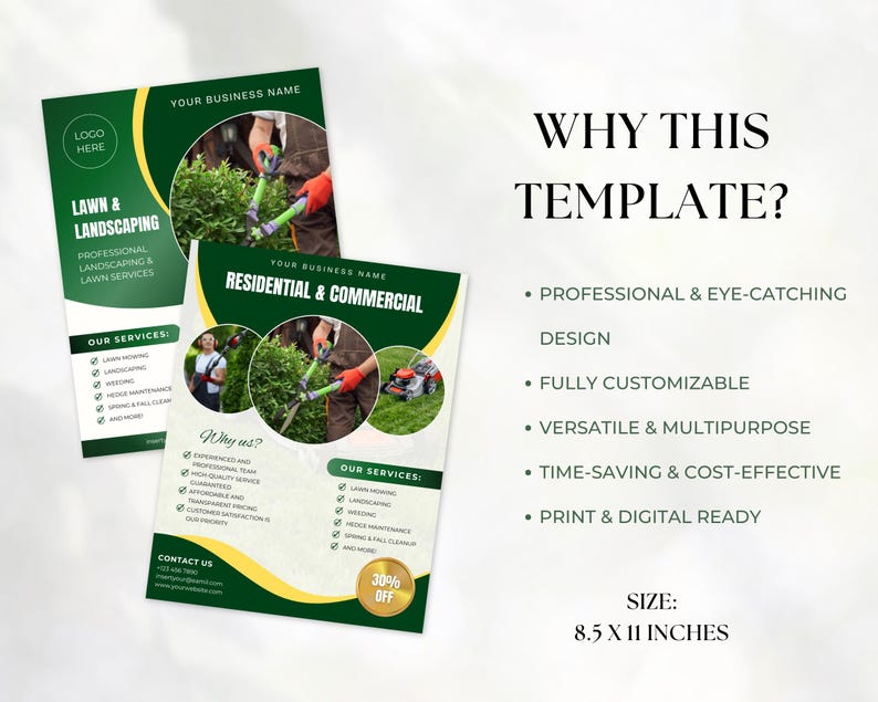 K&ouml;nnte beinhalten: Gr&uuml;ne und gelbe Flyer-Vorlage f&uuml;r Rasen- und Landschaftspflege-Dienstleistungen. Der Flyer zeigt ein Foto einer Person, die einen Rasenm&auml;her benutzt, und Text, der "Lawn & Landscaping", "Professional Landscaping & Lawn Services", "Residential & Commercial", "Our Services", "Why Us?", "Contact Us" und "30% Off" lautet. Der Flyer ist 8,5 x 11 Zoll gro&szlig;.