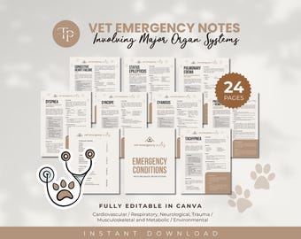 May include: A collection of 24 pages of Vet Emergency Notes featuring text on major organ systems, emergency conditions, and medical topics. The documents are beige and brown with a stethoscope and paw print icon and text.