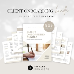 Op de afbeelding: Een digitale productbundel voor klant onboarding, met een witte achtergrond en een lichtbruine overlay. De bundel bevat meer dan 100 pagina's met aanpasbare sjablonen, perfect voor bedrijven en professionals. De tekst "CLIENT ONBOARDING BUNDLE" wordt weergegeven in een vetgedrukte, sans-serif lettertype. De tekst "FULLY EDITABLE IN CANVA" wordt weergegeven in een kleiner lettertype onder de titel. De tekst "100+ PAGES" wordt weergegeven in een cirkel met een witte achtergrond en een lichtbruine rand.