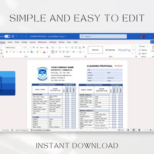 May include: A cleaning proposal template in a Microsoft Word document. The template includes sections for service required, area/items, work description, and frequency. The template is designed to be simple and easy to edit.