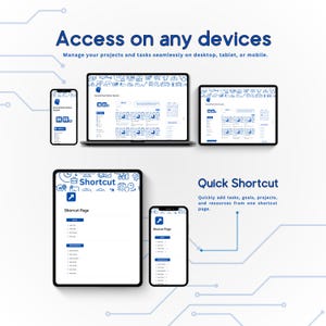 May include: An image showcasing a project management interface on various devices: a laptop, two tablets, and two smartphones. The text reads "Access on any devices" and "Quick Shortcut". The interface is displayed in blue and white.