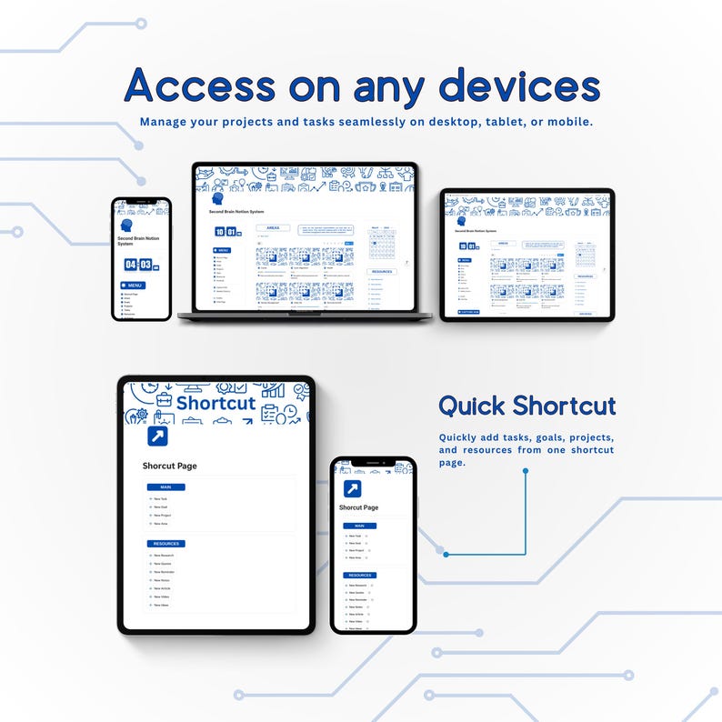May include: An image showcasing a project management interface on various devices: a laptop, two tablets, and two smartphones. The text reads "Access on any devices" and "Quick Shortcut". The interface is displayed in blue and white.