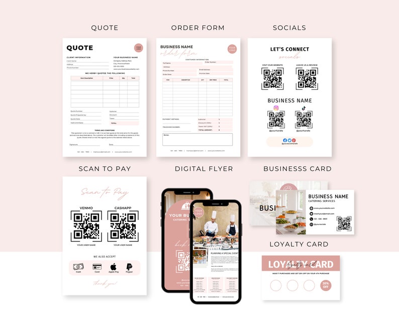 May include: A set of printable business templates in pink and white. The templates include a quote, order form, social media page, scan to pay, digital flyer, business card, and loyalty card.