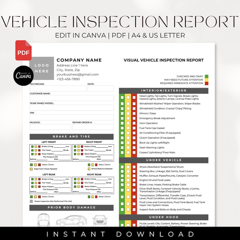 Vehicle Inspection Checklist Template - Etsy