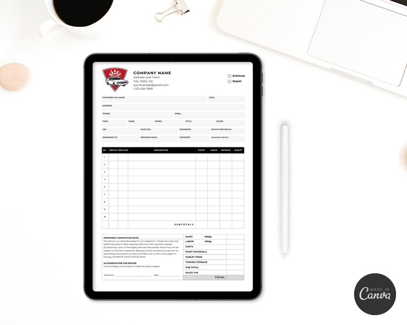 May include: A black and white printable automotive repair estimate template with a logo of a red car with a crown on top. The template includes sections for customer information, vehicle details, repair services, subtotals, and a signature line.