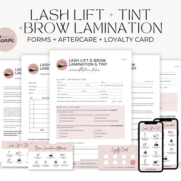 Lash Lift and Brow Lamination templates | Lash Consent & Liability Forms | Editable Esthetician Forms | Beauty Salon Forms | Canva Template