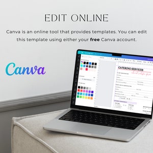 May include: A laptop computer displaying a Canva design template for catering services. The template includes sections for event information, catering options, and client details. The text "Catering Services" is displayed in a pink font with a handwritten style. The Canva logo is visible in the lower left corner of the screen.