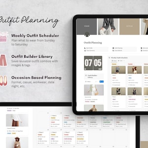 May include: Two tablets showing an outfit planning app. The app includes a weekly outfit scheduler, an outfit builder library, and occasion-based planning. The text "Outfit Planning" is at the top, with icons and descriptions below.