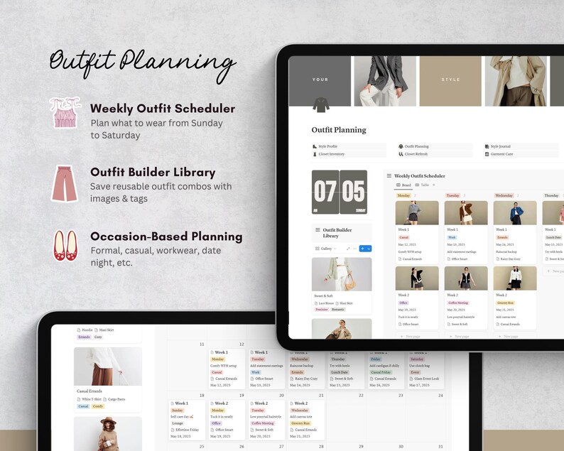 May include: Two tablets showing an outfit planning app. The app includes a weekly outfit scheduler, an outfit builder library, and occasion-based planning. The text "Outfit Planning" is at the top, with icons and descriptions below.