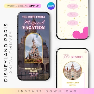 May include: Digital itinerary for a Disneyland Paris vacation, featuring a castle image and the text "Magical Vacation." The itinerary includes dates and the phrase "Instant Download." The app-like design is branded with "Canva."