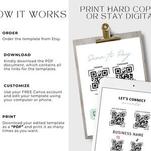 May include: A digital download guide for Etsy sellers, showing how to order, download, customize, and print a template. The guide includes a mockup of a digital product with QR codes for Venmo, Cashapp, social media, and a website.