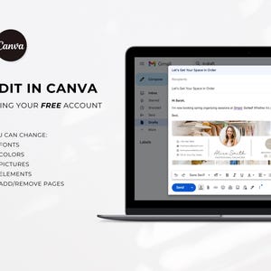 Op de afbeelding: Een laptopscherm waarop een Gmail-e-mail te zien is met de onderwerpregel "Let's Get Your Space in Order". De e-mail bevat een gepersonaliseerde handtekening met een foto, naam en contactgegevens. De e-mail wordt samengesteld met Canva.