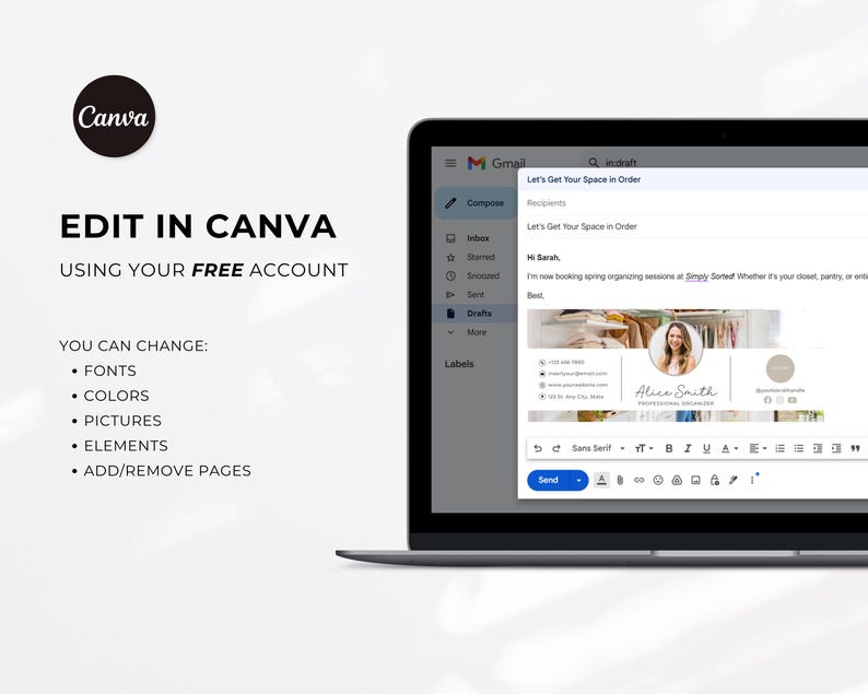 Op de afbeelding: Een laptopscherm waarop een Gmail-e-mail te zien is met de onderwerpregel "Let's Get Your Space in Order". De e-mail bevat een gepersonaliseerde handtekening met een foto, naam en contactgegevens. De e-mail wordt samengesteld met Canva.