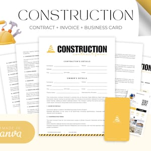 Può includere: Un modello di modulo di contratto di costruzione stampabile con un design a cono di costruzione giallo. Il modulo include sezioni per i dettagli del contraente e del proprietario, l'ambito di lavoro, i termini di compenso e un biglietto da visita con un codice QR.