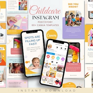 Puede incluir: Una colección de plantillas de publicaciones de Instagram coloridas para empresas de cuidado de niños. Las plantillas presentan imágenes de niños, texto sobre servicios de cuidado de niños y las palabras "Childcare Instagram Post/Story 60+ Canva Templates".