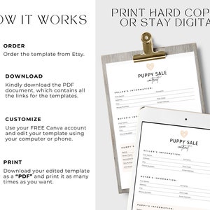 May include: A digital illustration of a printable puppy sale contract template. The template is shown on a computer screen and a printed sheet of paper. The template includes sections for the seller's information, buyer's information, and puppy's information. The template is designed to be used for the sale of puppies.