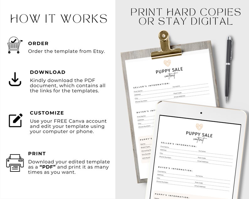May include: A digital illustration of a printable puppy sale contract template. The template is shown on a computer screen and a printed sheet of paper. The template includes sections for the seller's information, buyer's information, and puppy's information. The template is designed to be used for the sale of puppies.
