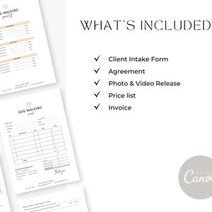 May include: A set of printable forms for dog walking businesses. The forms include a client intake form, agreement, photo and video release, price list, and invoice. The forms are designed in a minimalist style with a heart logo.