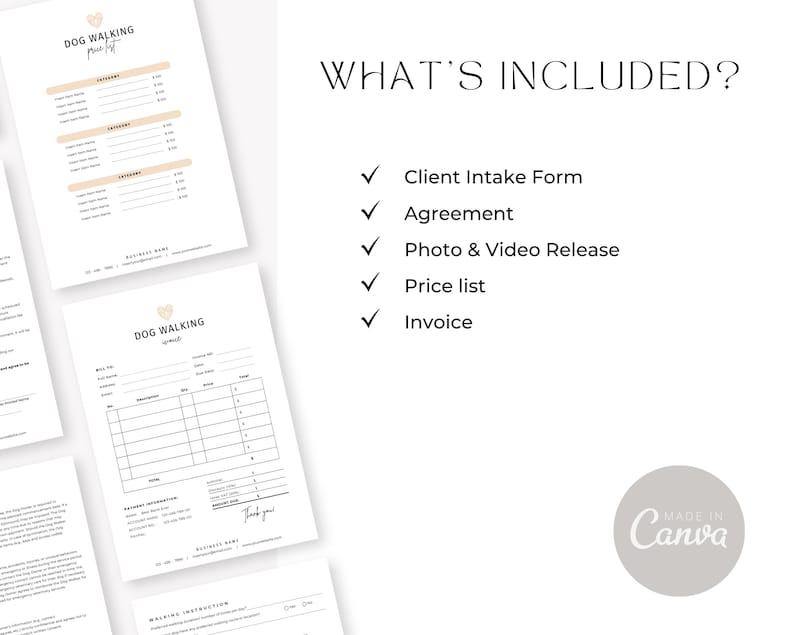May include: A set of printable forms for dog walking businesses. The forms include a client intake form, agreement, photo and video release, price list, and invoice. The forms are designed in a minimalist style with a heart logo.
