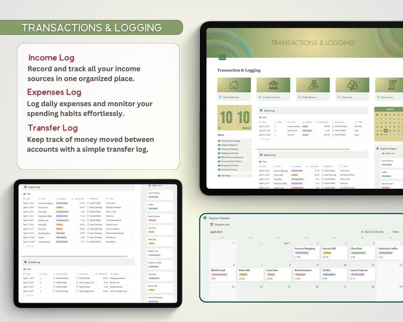 May include: A screenshot of a computer screen showing a software program for tracking income, expenses, and money transfers. The software has a green and white color scheme and includes a calendar, a list of transactions, and a section for logging income and expenses.