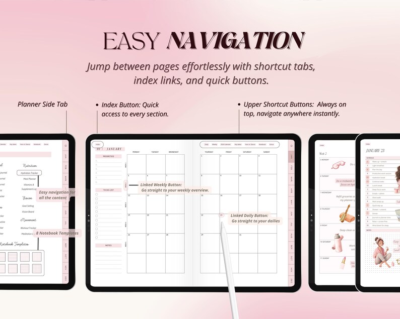 Planner Buttons 2026 Digital Planner for Ipad, Pink Minimalist Weekly & Monthly ...