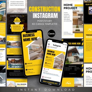 Può includere: Un set di 10 modelli di post Instagram per le imprese di costruzioni. I modelli presentano uno schema di colori giallo e nero con immagini di case e il testo "Construction Instagram Post/Story 60 modelli Canva".