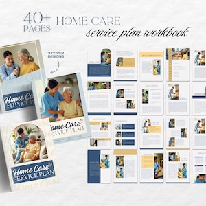 Pode incluir: Um caderno de exerc&iacute;cios com um design azul e dourado, intitulado "40+ Home Care Pages Service Plan Workbook". A capa apresenta tr&ecirc;s imagens diferentes de cuidadores que ajudam pessoas idosas.