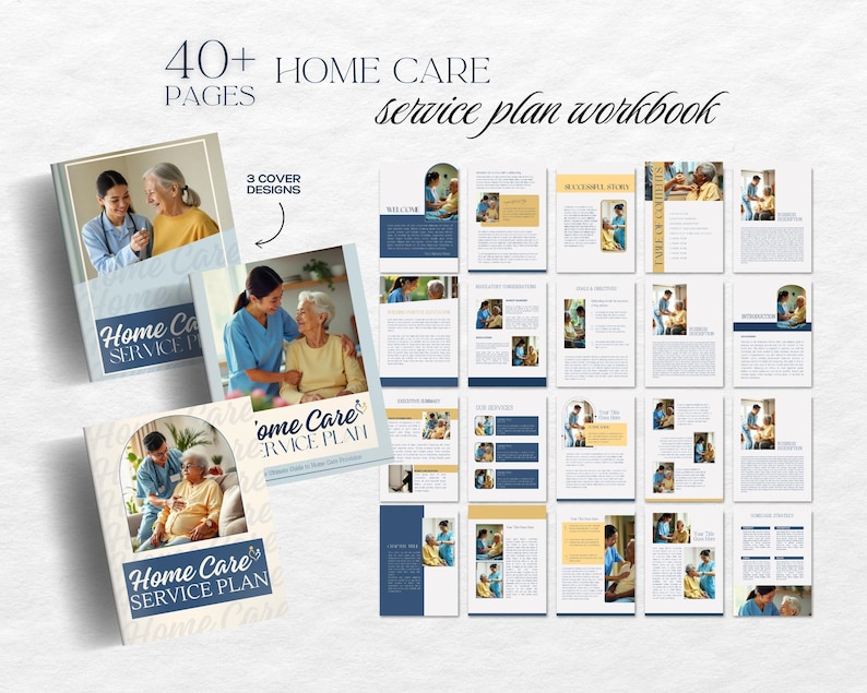 Pode incluir: Um caderno de exerc&iacute;cios com um design azul e dourado, intitulado "40+ Home Care Pages Service Plan Workbook". A capa apresenta tr&ecirc;s imagens diferentes de cuidadores que ajudam pessoas idosas.
