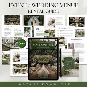 Peut inclure: Un guide numérique pour les lieux d'événements et de mariage. Le guide comprend des informations sur le lieu, les forfaits de location et des témoignages de clients précédents. La couverture présente une photo d'une magnifique serre avec une longue table dressée pour une réception de mariage.