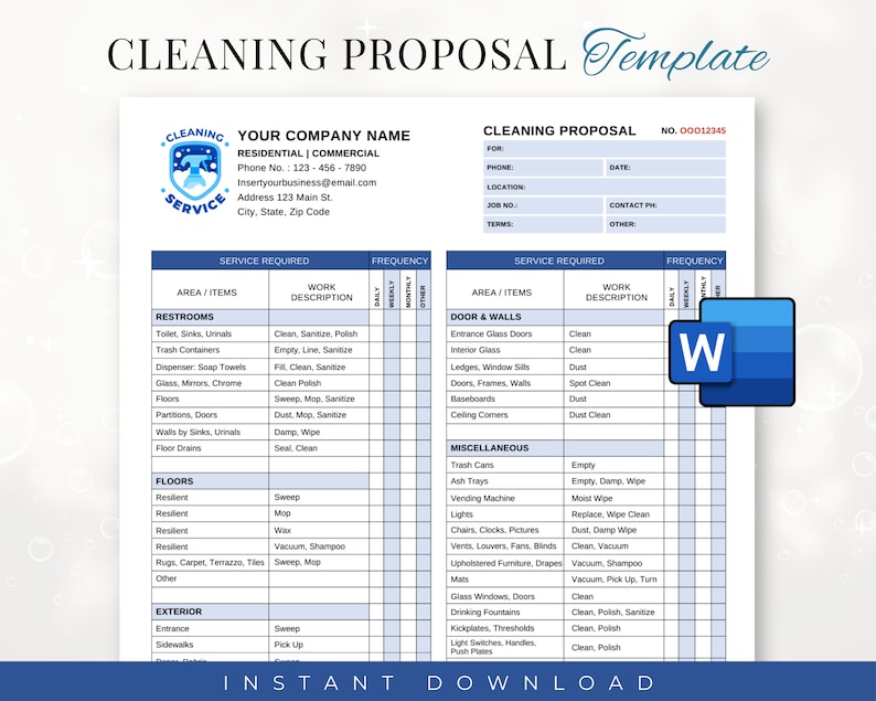 May include: A printable cleaning proposal template in a blue and white color scheme. The template includes a checklist of cleaning tasks for different areas of a home or business, such as restrooms, floors, doors and walls, and miscellaneous areas. The template also includes a section for frequency of cleaning tasks, such as daily, weekly, monthly, or other.