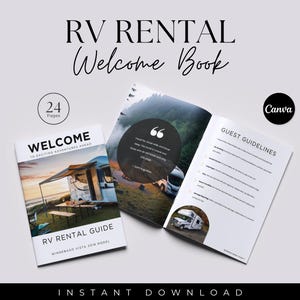 Op de afbeelding: Een wit RV Rental Welcome Book met de tekst "RV Rental Welcome Book" in een stijlvol lettertype. Het boek bevat de tekst "Welcome to exciting adventures ahead" en "RV Rental Guide". Het boek is 24 pagina's en is een instant download.