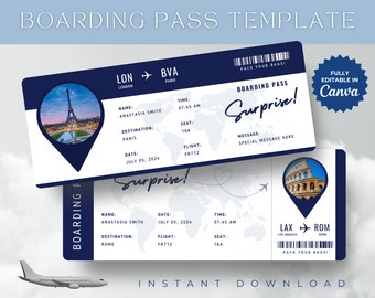 Editable Boarding Pass Template, Printable Personalized Airline Ticket, Canva Boarding Pass, Digital Download DIY Boarding Ticket