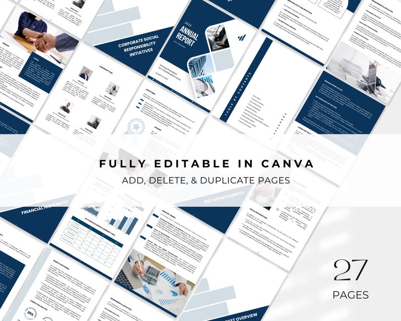May include: A collection of 27-page annual report templates in a modern design. The templates feature a navy blue and white color scheme with charts, graphs, and photos. Text on the pages includes "Corporate Social Responsibility Initiatives" and "Annual Report."