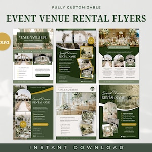 Modello di volantino per affitto di locali per eventi, volantini per affitto, affitto di locali, rivista Venue Guide, libro aziendale per affitto di locali, affitto di locali per feste, Canva