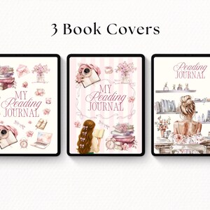 Puede incluir: Tres portadas de libros digitales con tem&aacute;tica de lectura. Cada portada presenta ilustraciones de acuarela de libros, flores y elementos decorativos. El texto "My Reading Journal" y "Reading Journal" se muestra.